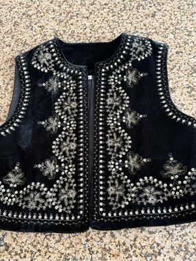 Black Velvet Embellished Vest with Silver Beadwork